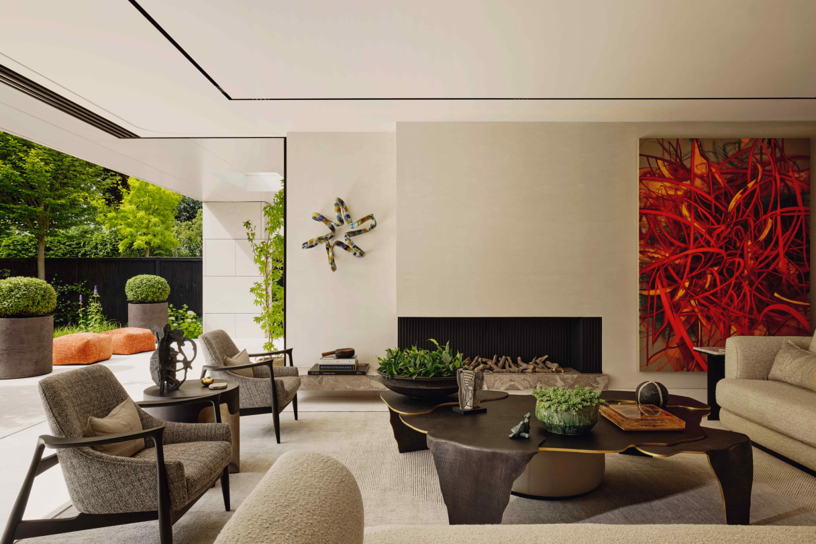 Custom sofa and coffee table crafted in partnership with artisans in India