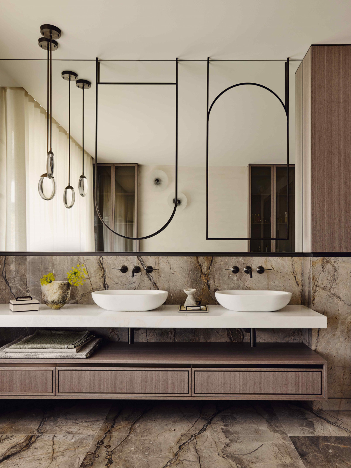 Custom mirror with metal inlay and suspended layered mirrors