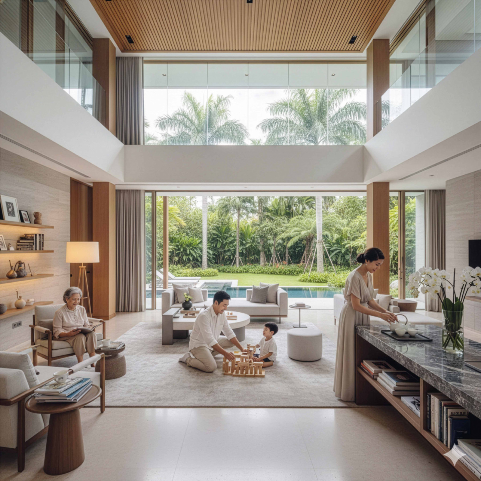 An AI-generated image depicting multigenerational family living in a Good Class Bungalow