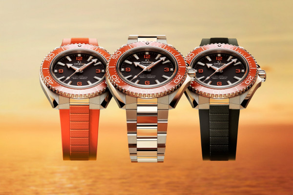 The Omega Seamaster Planet Ocean in orange is available with a matching rubber strap, stainless steel bracelet or black rubber strap