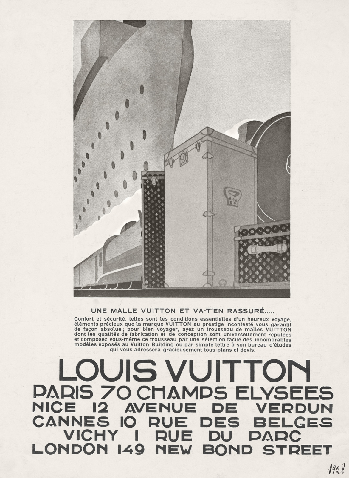Une malle Vuitton et va-t-en rassure , insertion publicitaire parue dans Vogue en 1928 representant la coque d'un bateau avec au premier plan des malles en toile Monogram dessinees