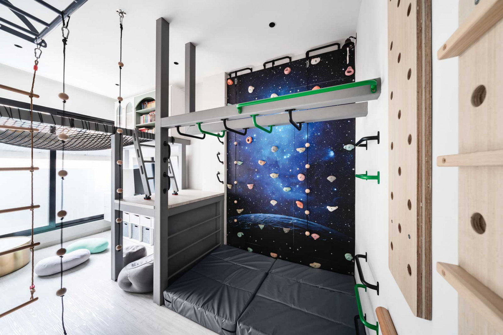 Summerhaus D’zign Serangoon terrace house - the sons’ playroom features a rock wall, hammock and jungle gym set