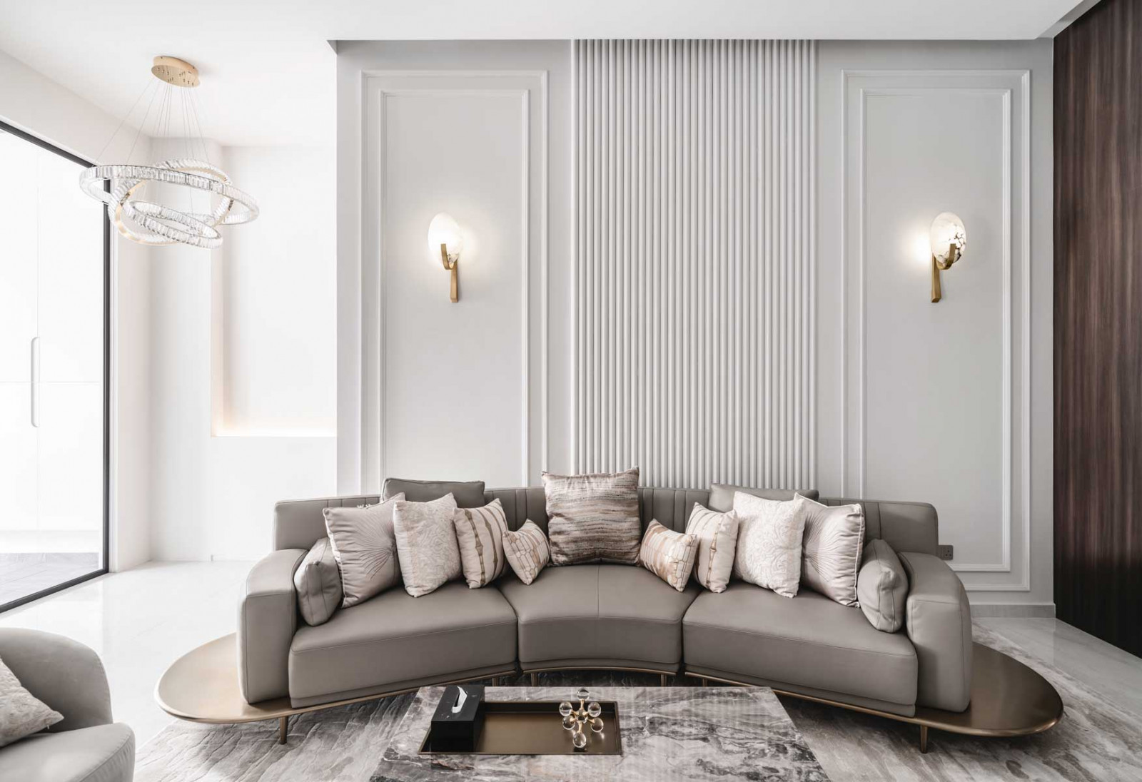 Summerhaus D’zign Serangoon terrace house - the stately yet cosy living room is dressed in soft neutral hues, with dark walnut woodgrain lending warmth
