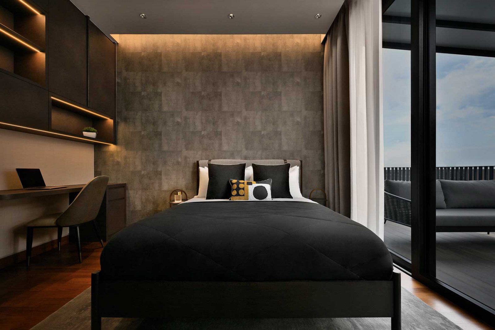 The son’s bedroom features a darker palette that evokes tranquillity