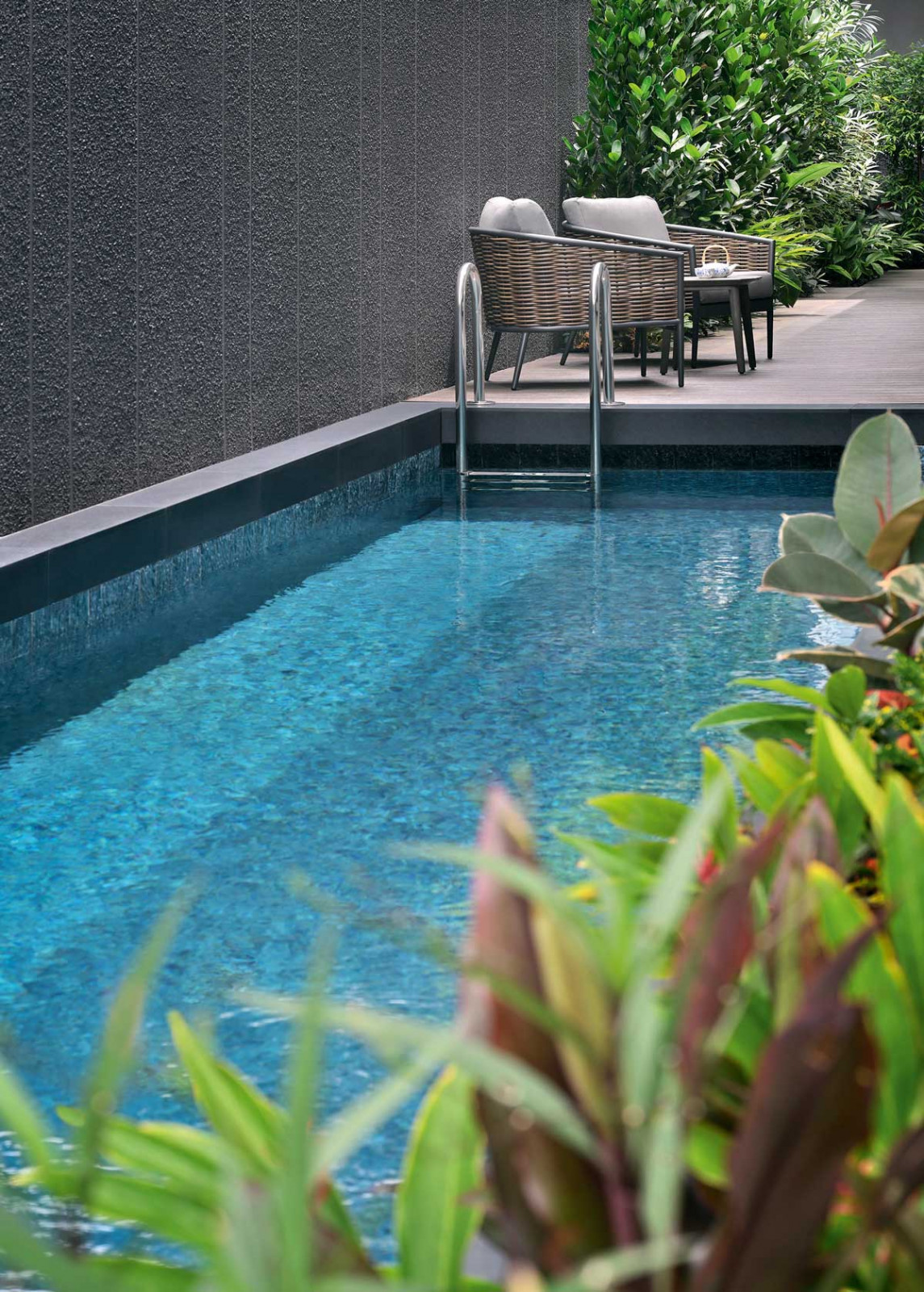 A lap pool framed by lush greenery introduces a biophilic touch and incorporates a cosy sitting spot for relaxation