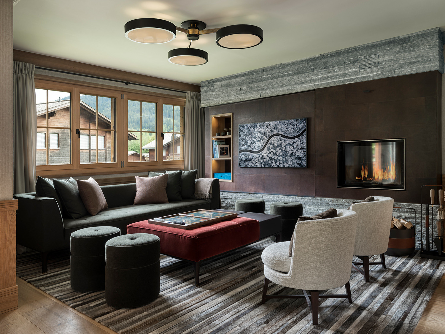 The living room of the Klosters, Switzerland family chalet, designed by Tollgard Studio