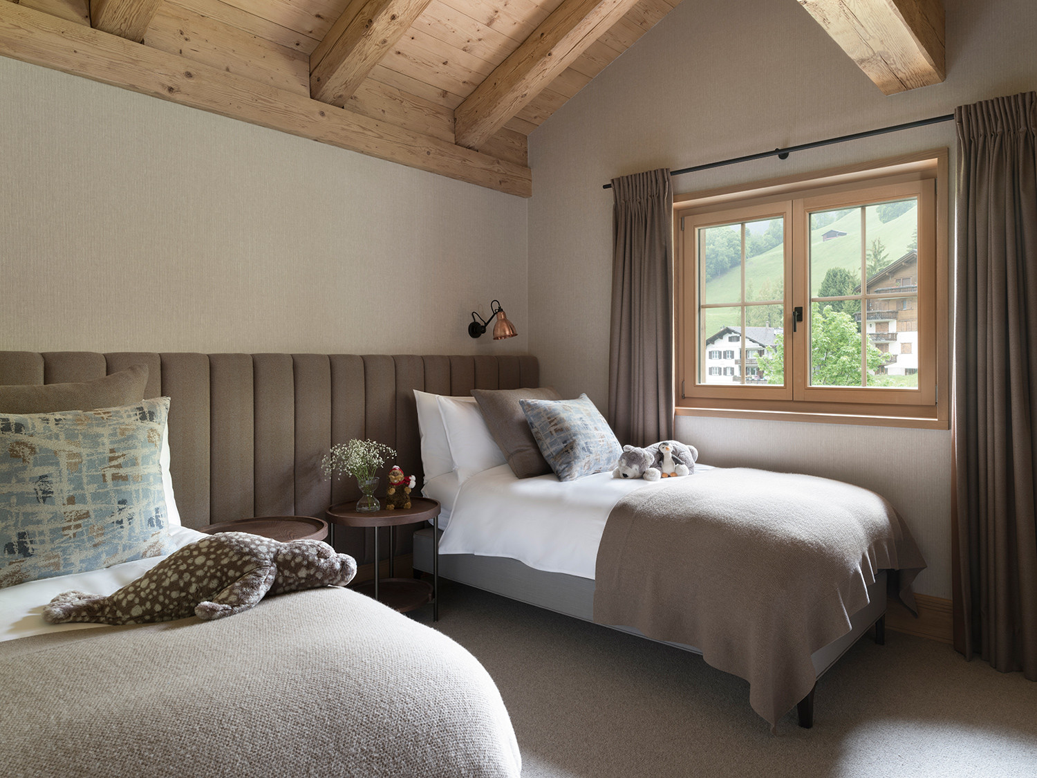 The secondary bedroom of the Klosters, Switzerland family chalet, designed by Tollgard Studio