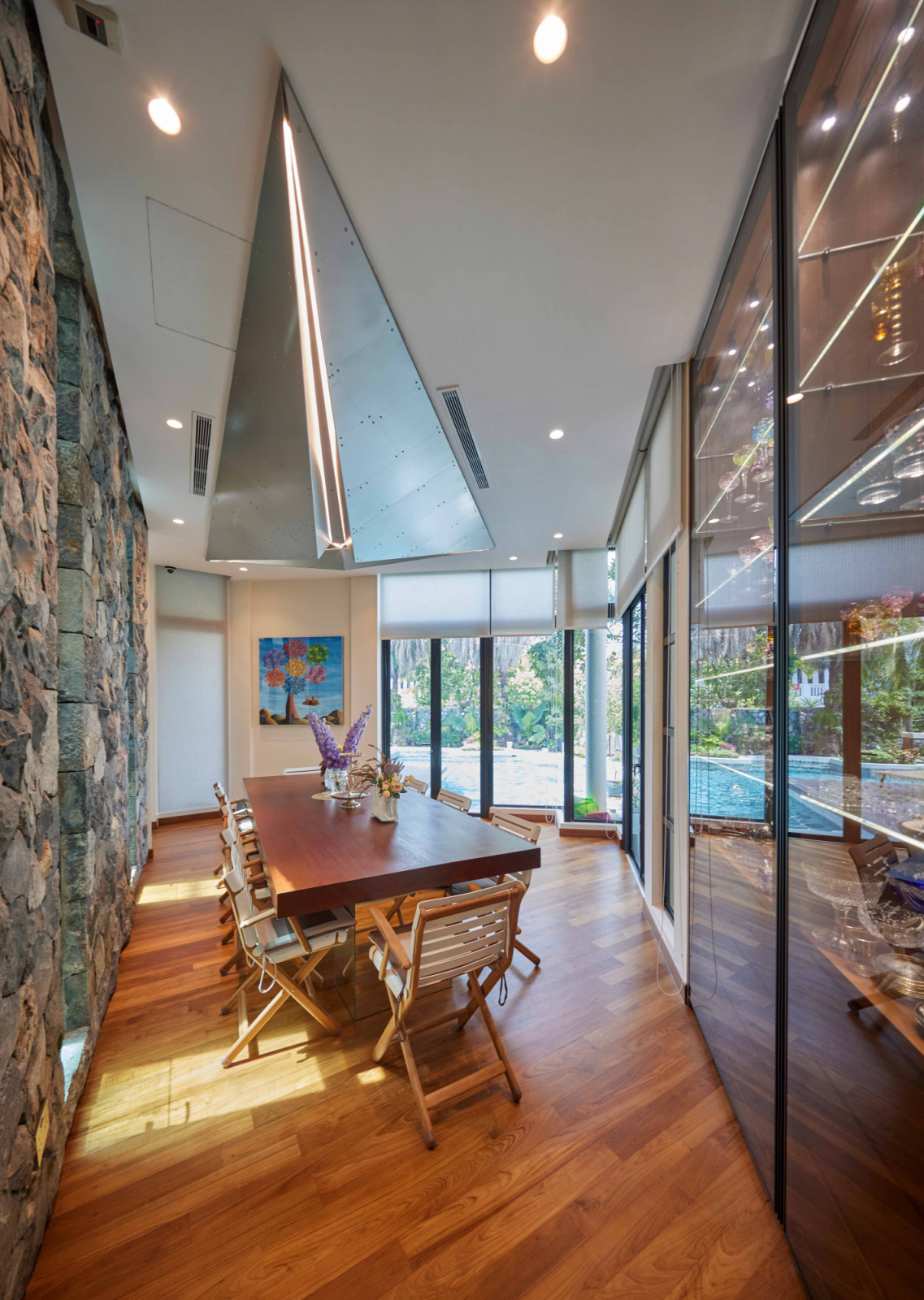 The dining area is located beneath the Pyramid, which channels air and natural light