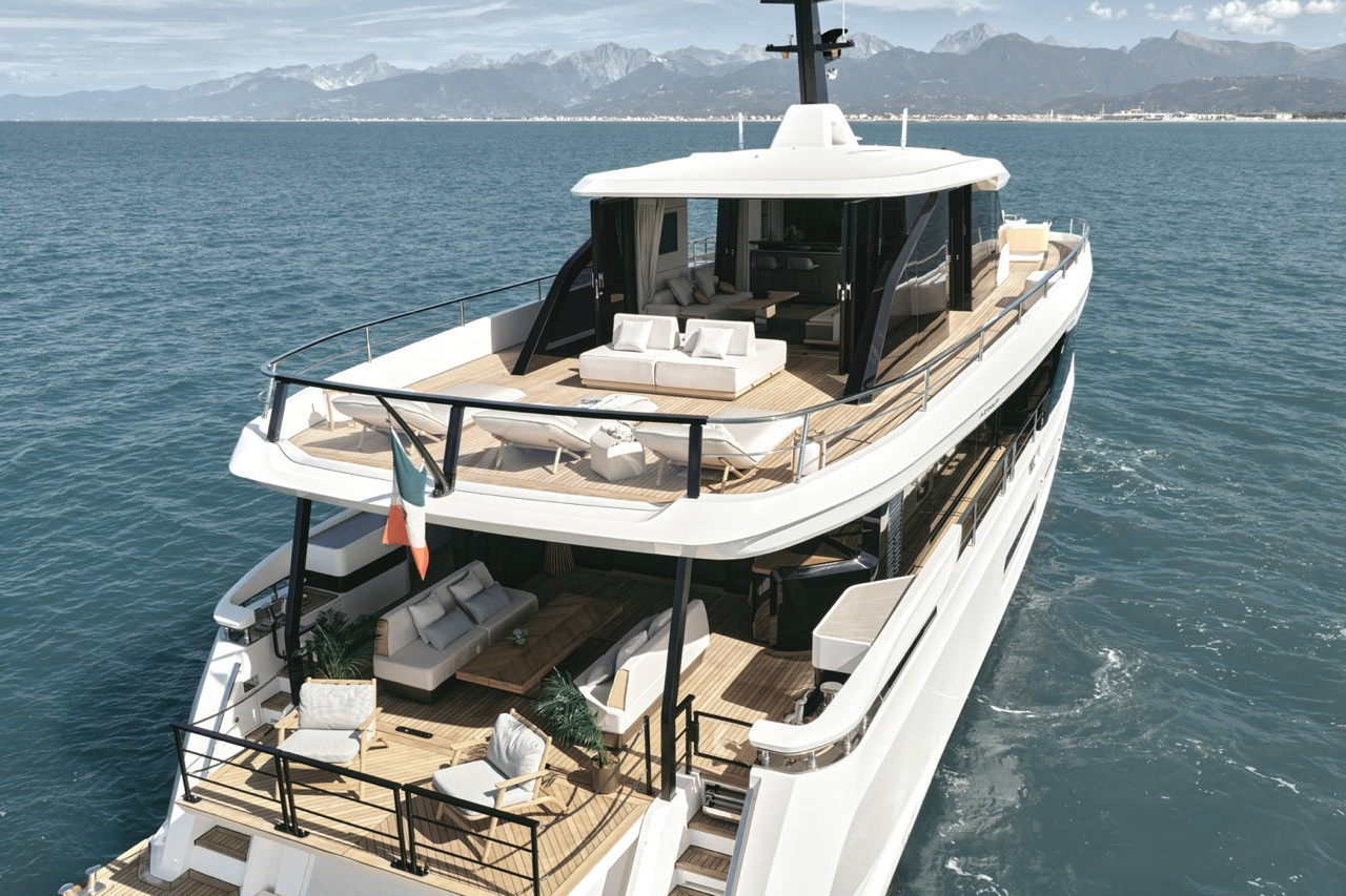 The Azimut Grande 30 M’s multi-level stern integrates outdoor lounging across three deck levels