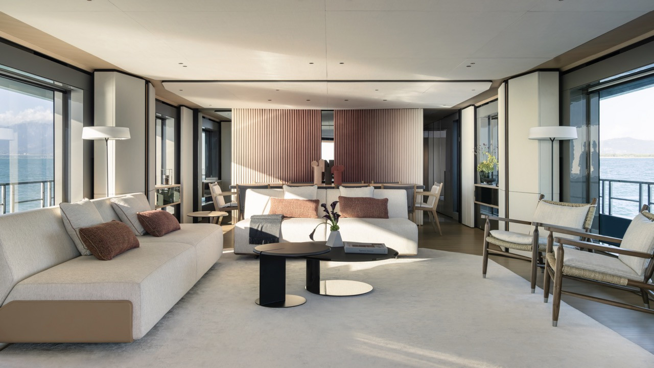Panoramic glazing on three sides frames ocean views in the Azimut Grande 36M main salon