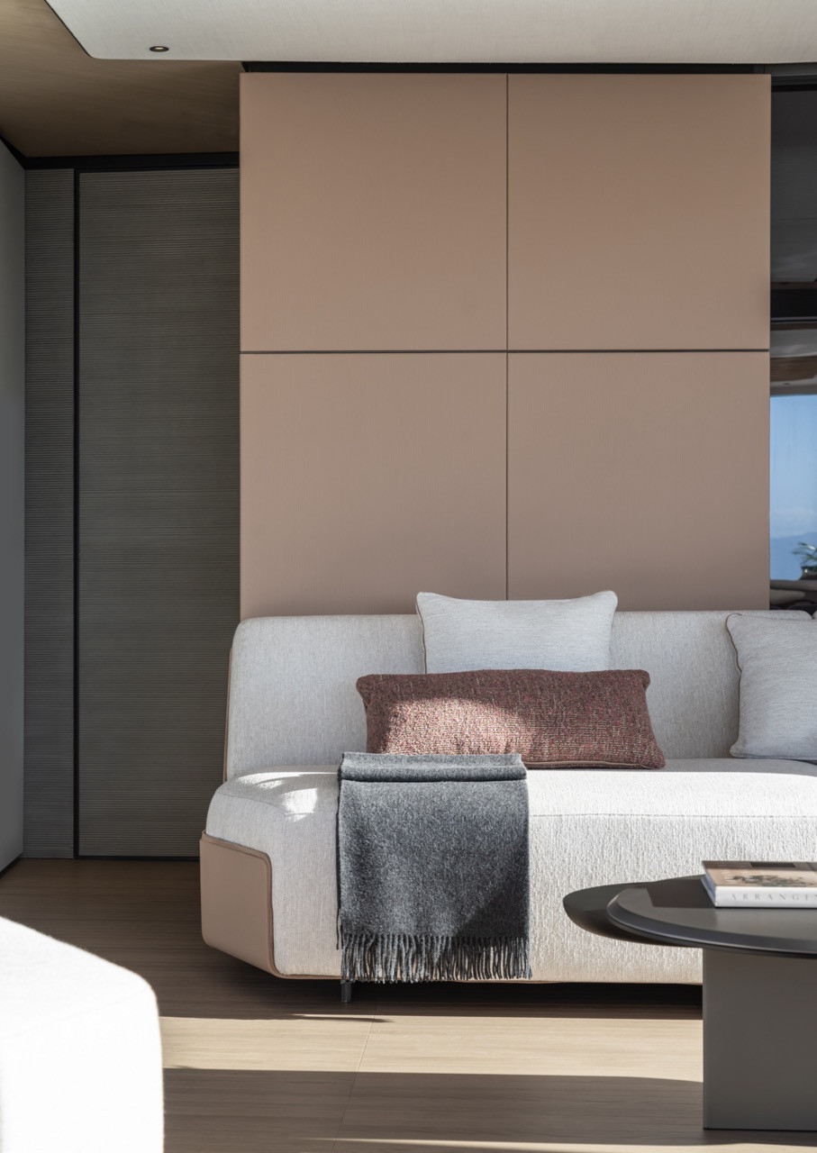 Afternoon light emphasises material layering in the Azimut Grande 36M upper deck lounge