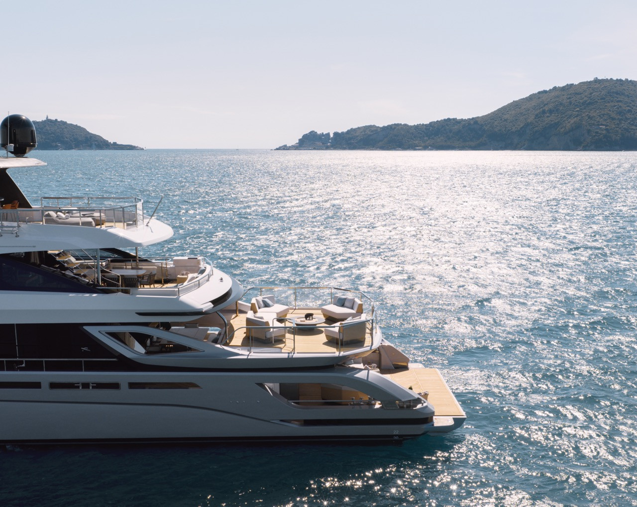 The Azimut Grande Trideck’s three-deck layout creates layered outdoor living spaces from bow to stern