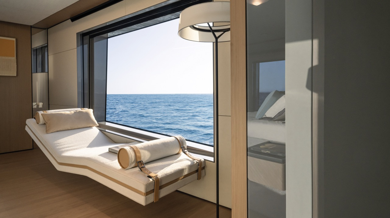 A sculptural chaise with leather straps positions toward the ocean in the Azimut Grande Trideck owner’s suite