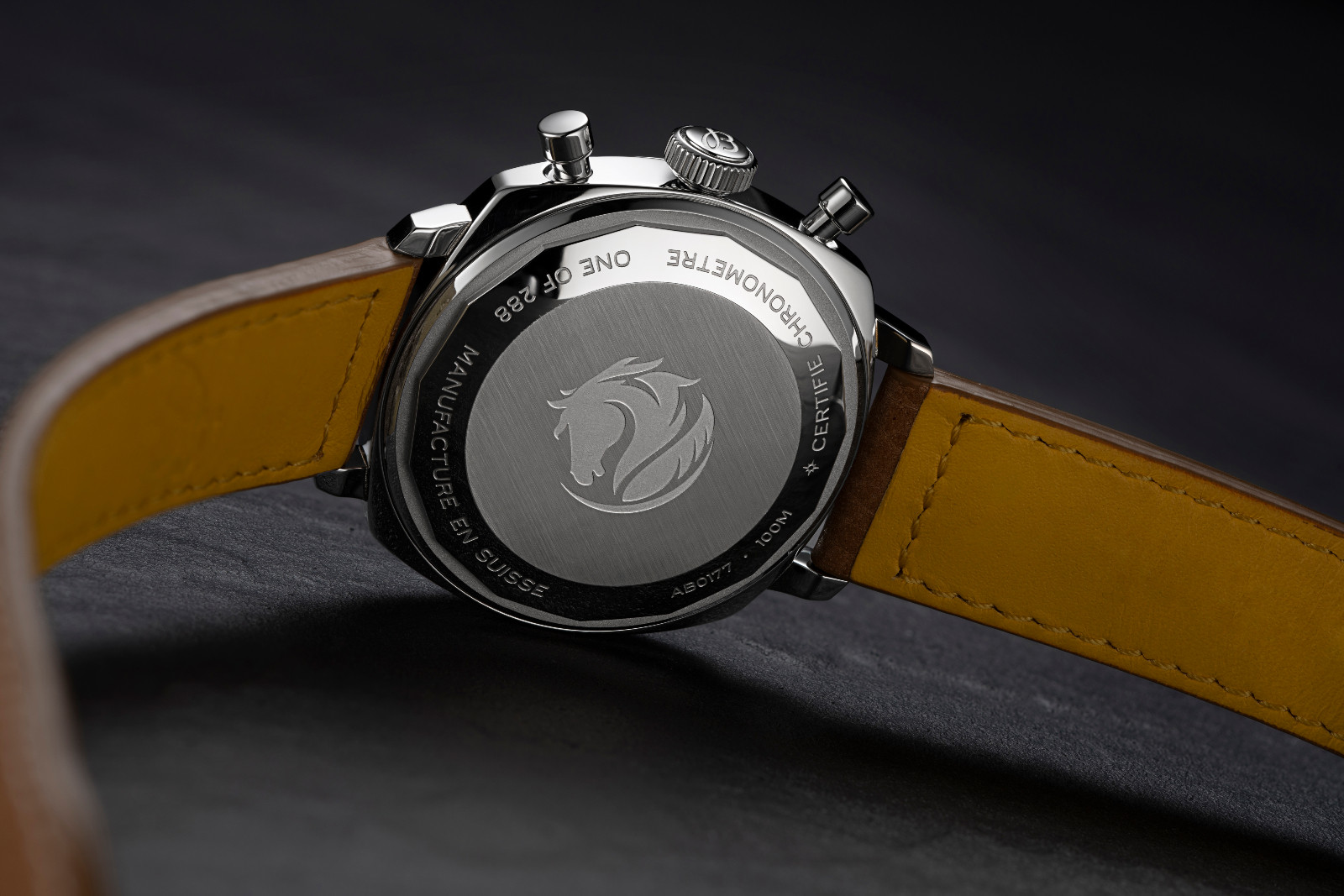 The caseback with stylised horse motif of the Breitling Top Time B01 Shadow Rider