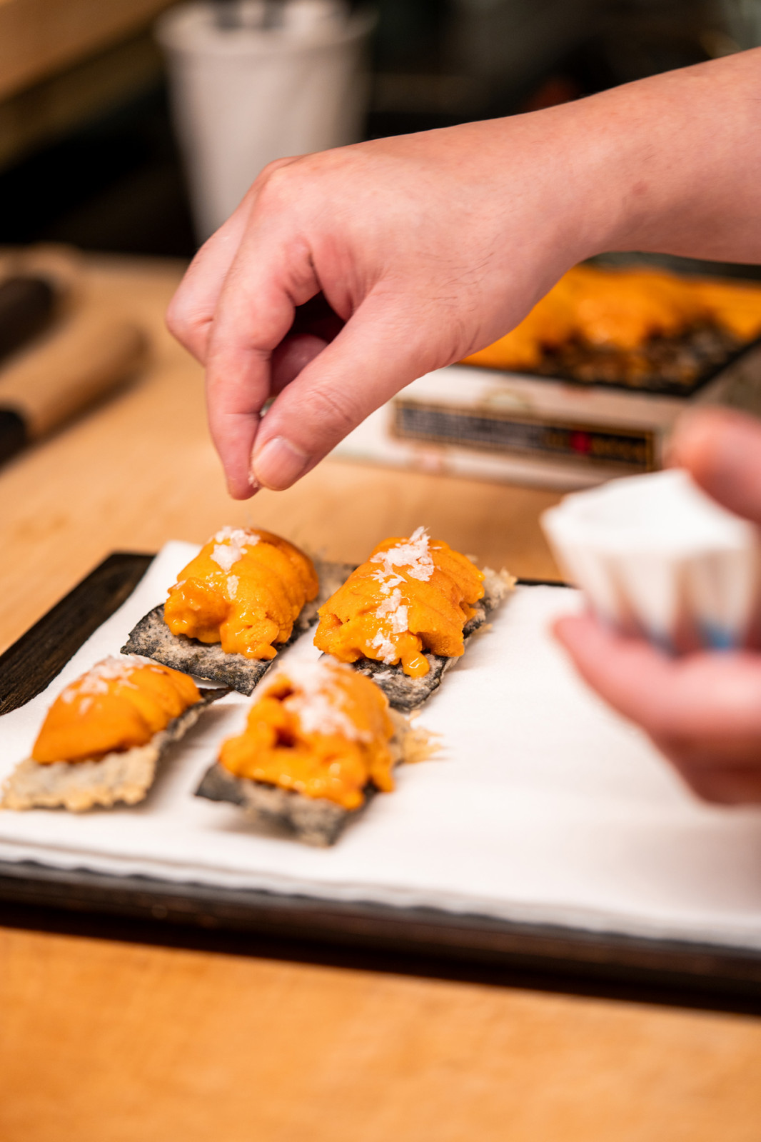 Tenshima uni atop seaweed tempura