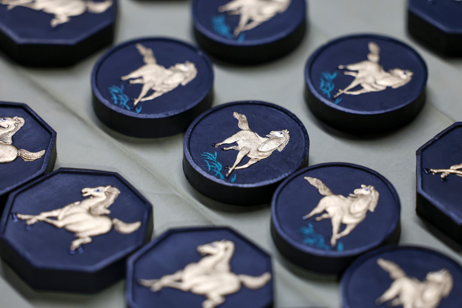 HUANGSHAN, CHINA - JANUARY 05: Horse-themed Huizhou ink sticks are on display at an ink factory on January 5, 2026 in Huangshan City, Anhui Province of China. With 2026 being the Year of the Horse, craftsmen incorporate horse motifs into the creation of Huizhou ink sticks. (Photo by Shi Yalei/VCG via Getty Images)