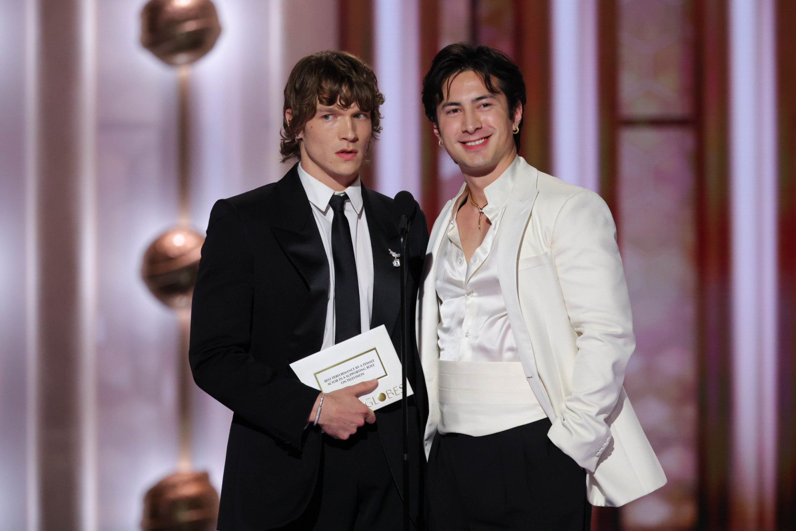 Connor Storrie, Hudson Williams at the 83rd Annual Golden Globes held at The Beverly Hilton on January 11, 2026 in Beverly Hills, California. (Photo by Rich Polk/2026GG/Penske Media via Getty Images)