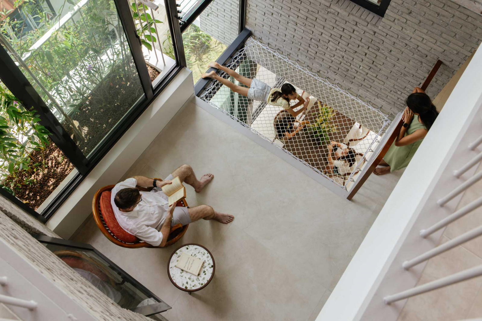 A top-down view of the house’s multi-level central void