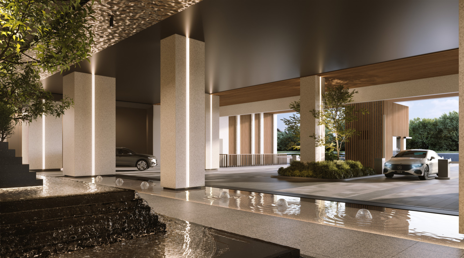 Cascading water at the arrival hall sets the tone, inviting a shift from the city’s rush to a world of calm