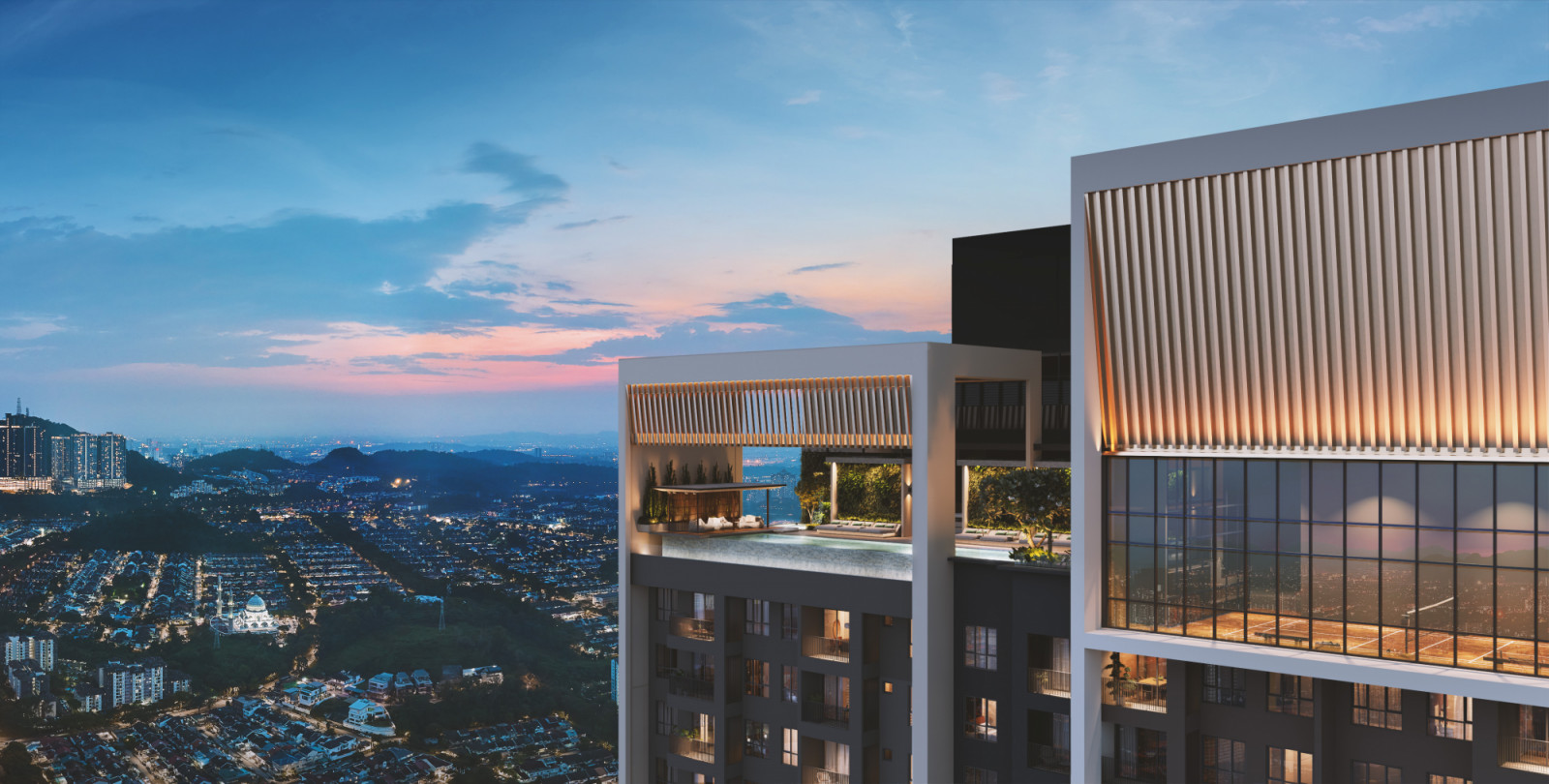 The rooftop facilities float above the city, creating a sense of escape from the city bustle below