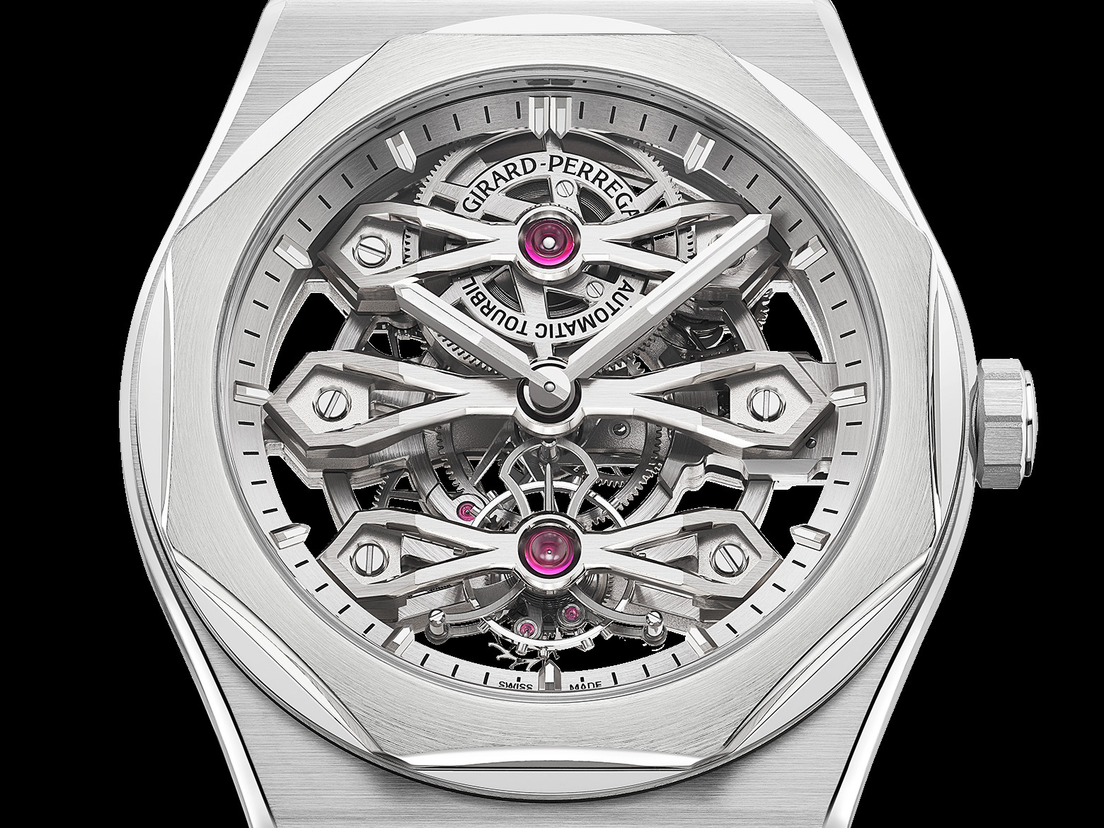 Bearing an openworked dial, Girard-Perregaux’s Laureato Three Gold Bridges ensures that the spotlight is on what lies beneath: the in-house 32mm GP9620 calibre, which beats at a frequency of 21,600 vibrations per hour. True to its name, the inner workings consist of three bridges, with the uppermost bridge containing the platinum micro-rotor while the lowest bears the tourbillon.