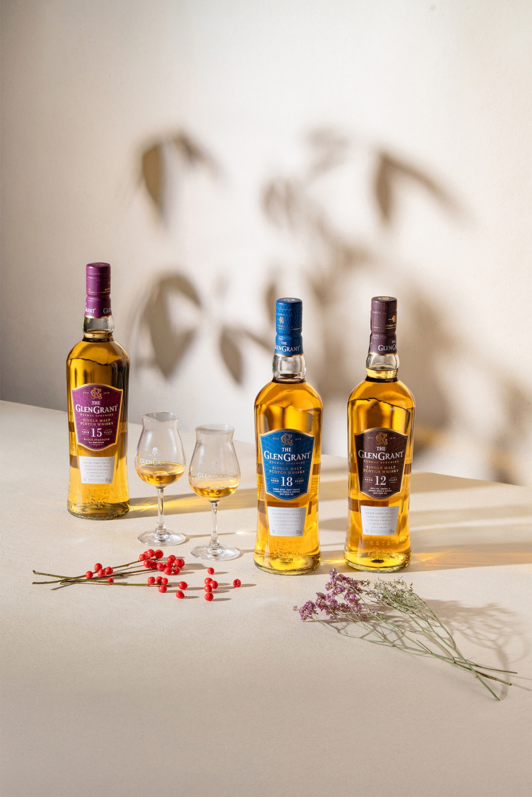 The Glen Grant 12-Year-Old, 15-Year-Old, and 18-Year-Old whiskies
