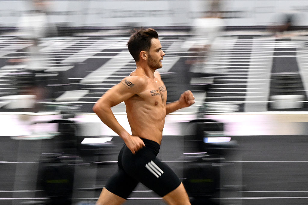 MELBOURNE, AUSTRALIA - DECEMBER 12: Tim Wenisch of Germany competes during the HYROX Melbourne at The Melbourne Convention and Exhibition Centre on December 12, 2025 in Melbourne, Australia. Wenisch won the Hyrox Elite 15 competition in the soon to be released Adizero Dropset. Hyrox is an indoor fitness competition that combines running and functional workout stations. (Photo by Quinn Rooney/Getty Images for adidas)