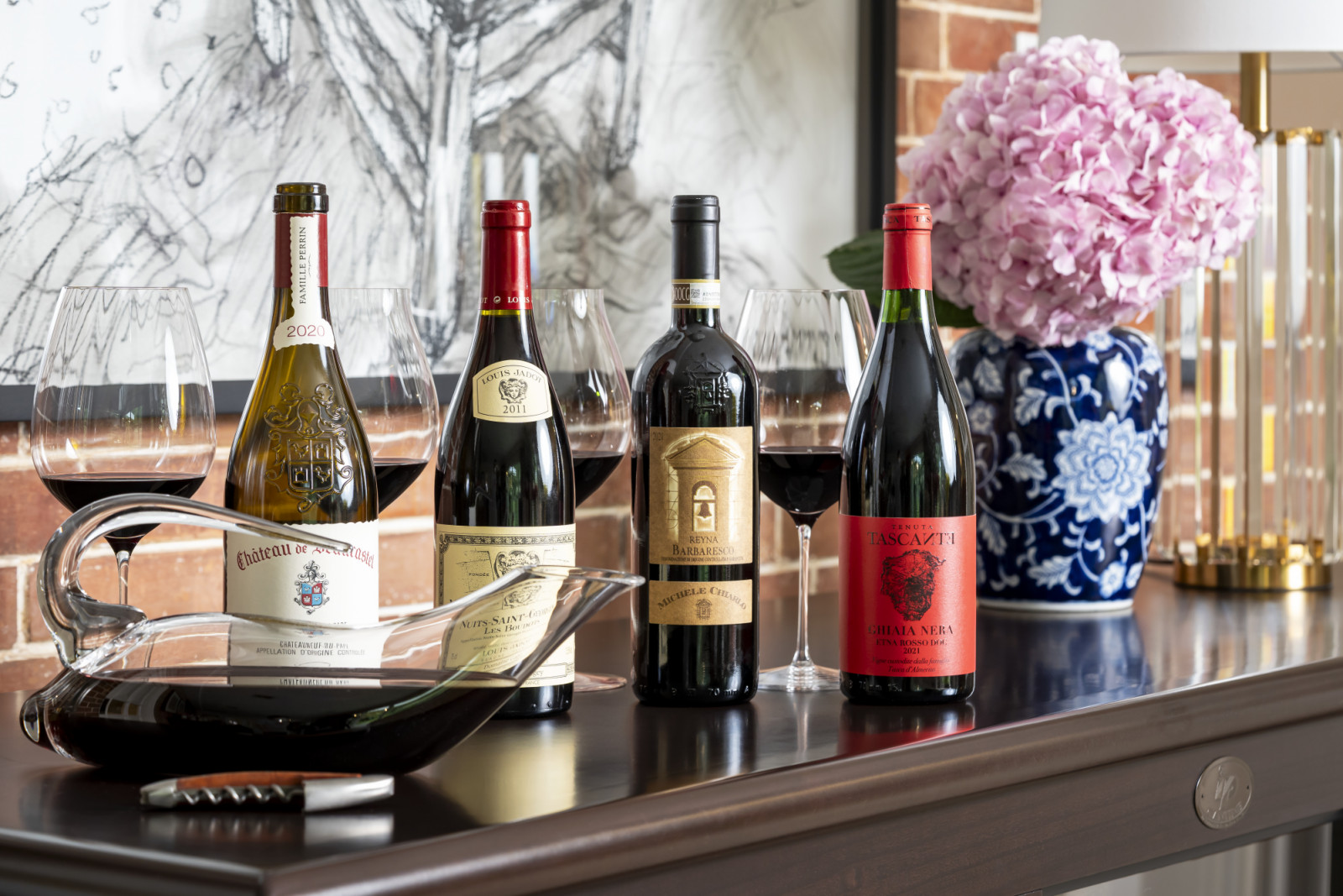 Beautifully curated red wines by Alex Lichaytoo, among them a Château de Beaucastel from Châteauneuf-du-Pape, the very estate that stood as a location for the show Drops of God