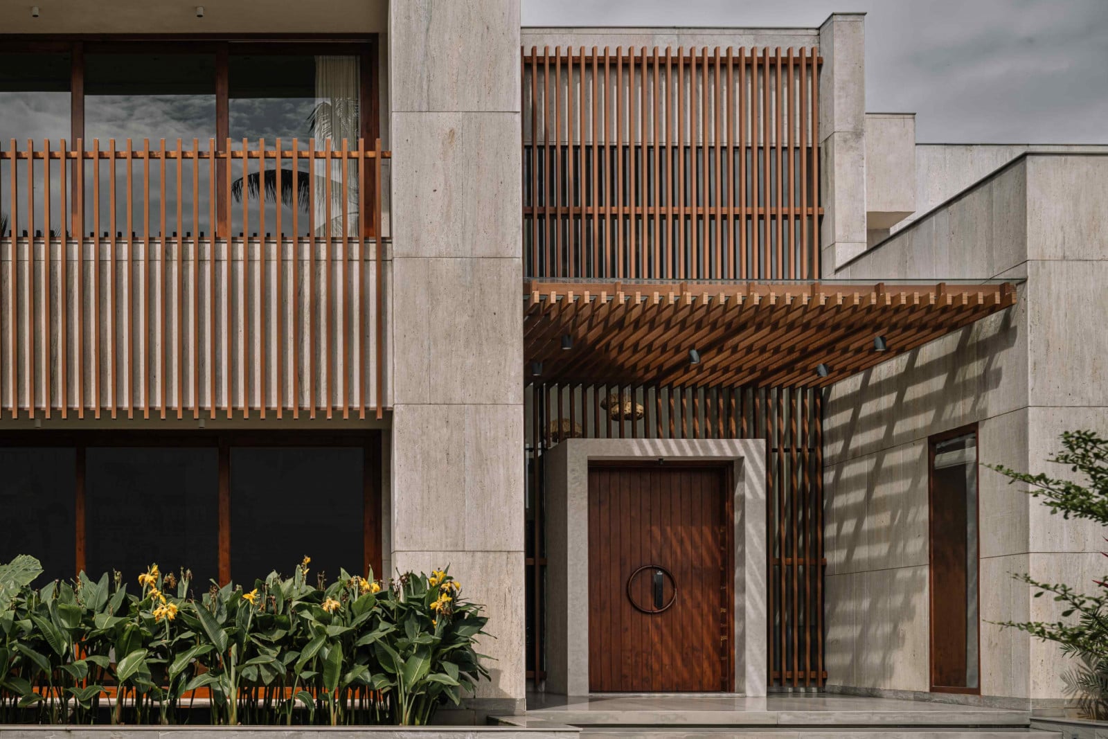 An interplay of light and shadow at the front entrance