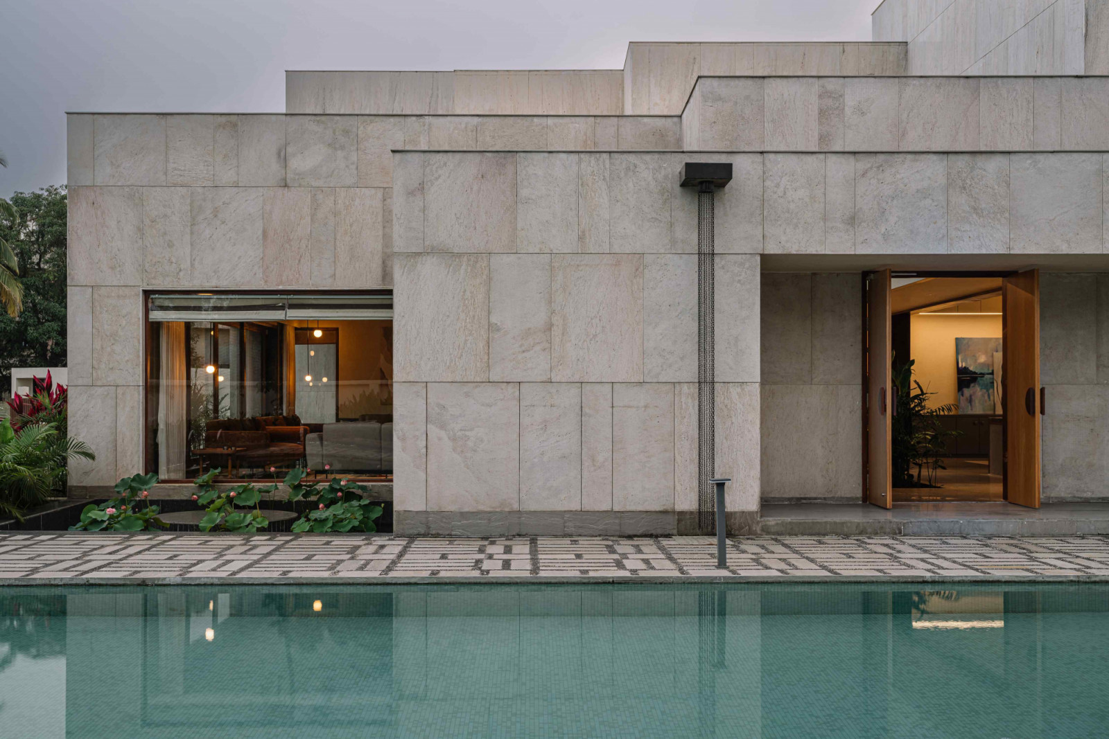 The pool deck with stepped massing