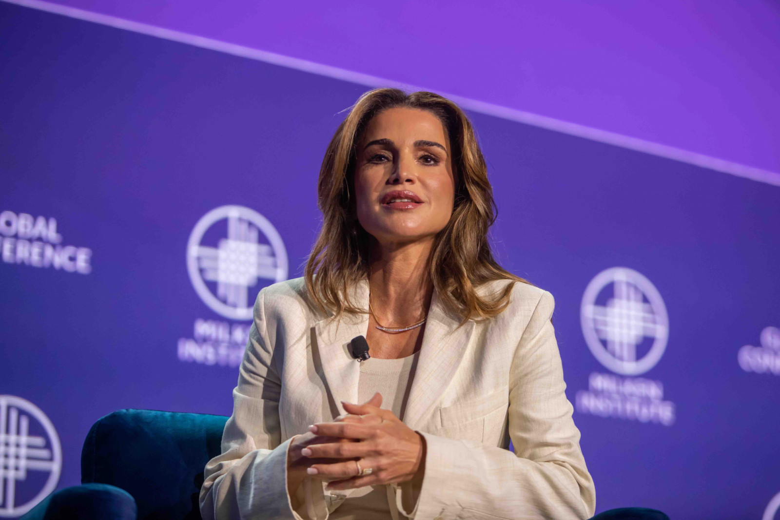 Queen Rania al Abdullah of Jordan speaks at the Milken Institute's Global Conference 2024 in Beverly Hills, California (Photo by Apu Gomes/Getty Images)