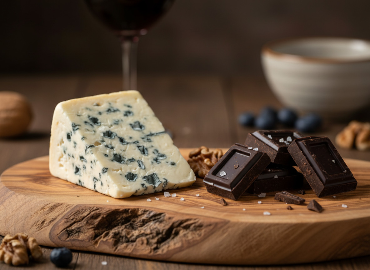 The saltiness of blue cheese heightens the deep bitterness of dark chocolate for a bold, sophisticated bite (Photo: AI-generated)