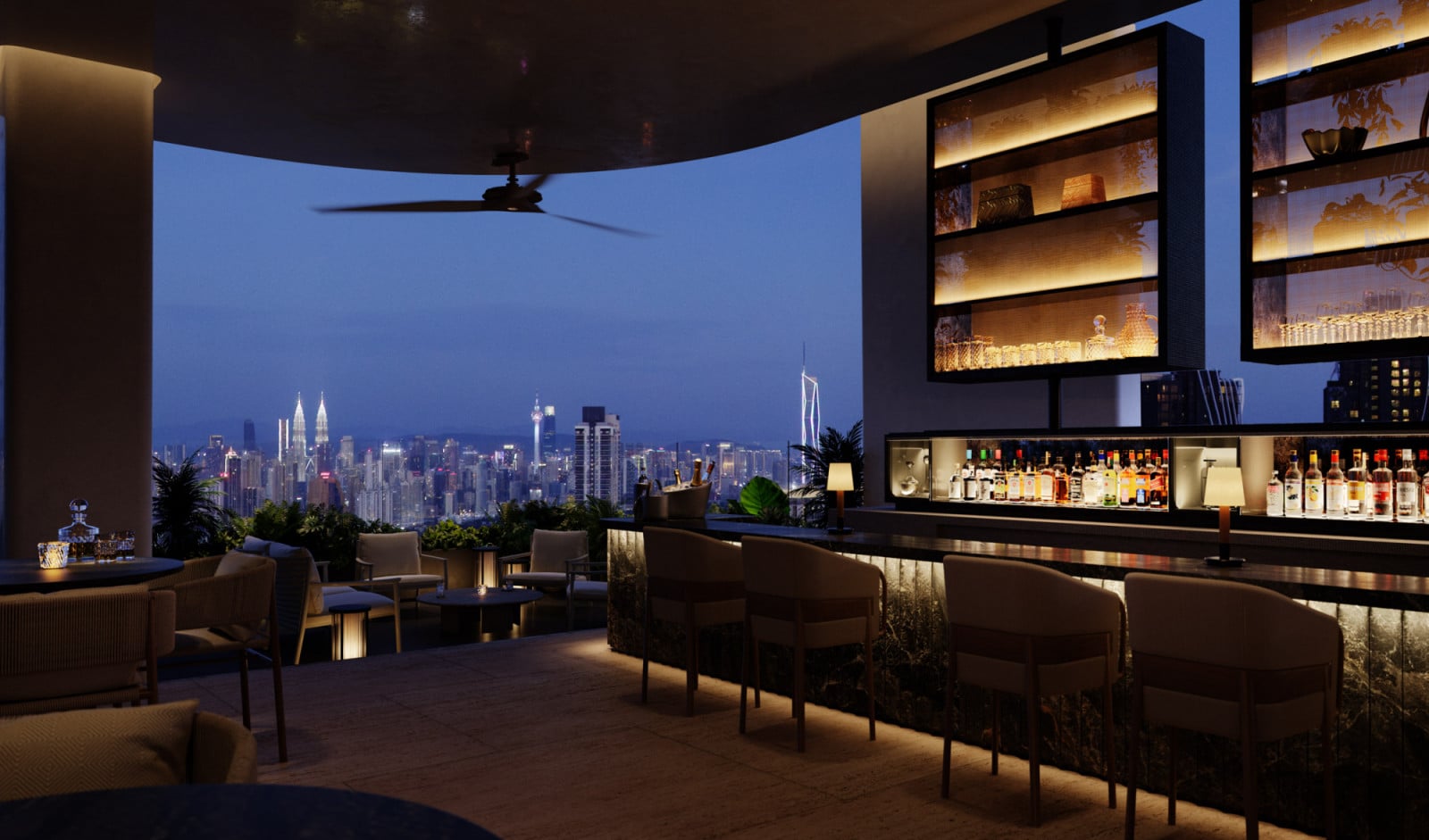 Panoramic views of the city skyline from the skybar