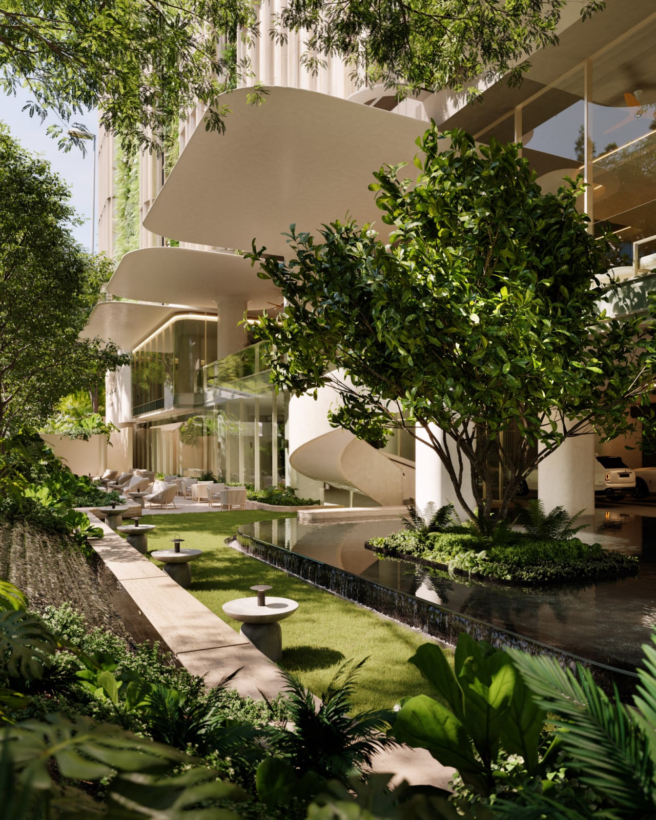 The landscape integrates tropical flora, terraces, and sky gardens to create a seamless relationship with nature