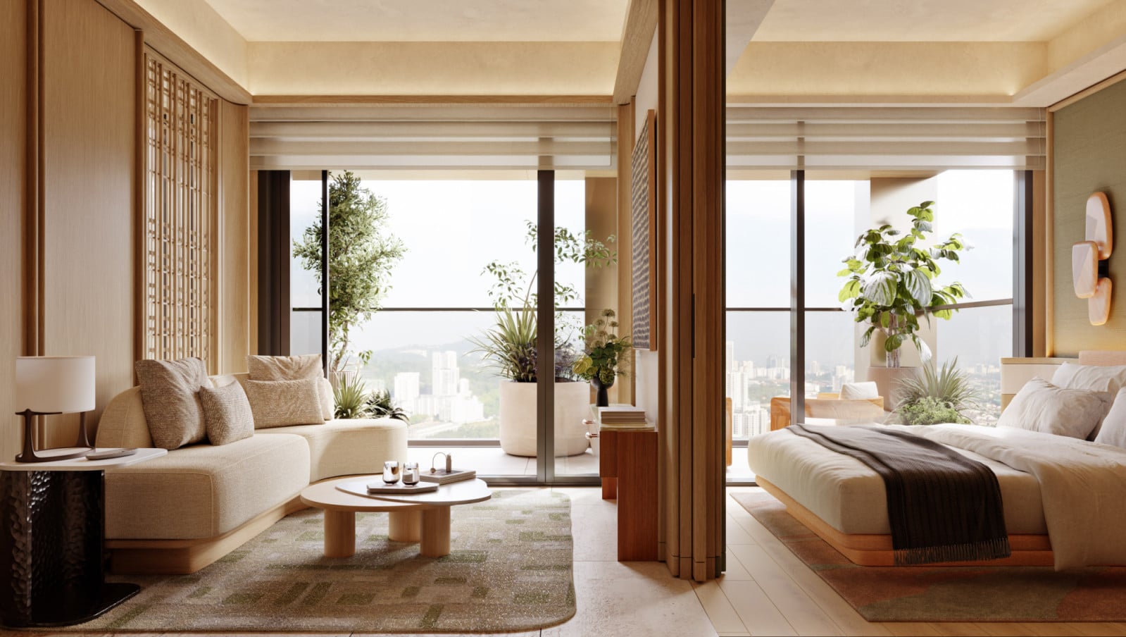 A soaring minimalist interior where refined materials shape an understated sense of luxury