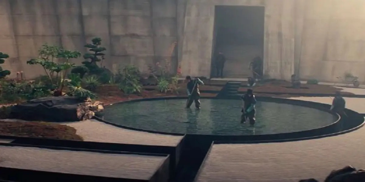 Safin’s poison garden from No Time to Die (2021), filmed on Kalsoy Island in the Faroe Islands. Production designer Mark Tildesley referenced Ken Adam’s brutalist vocabulary whilst incorporating Japanese design elements