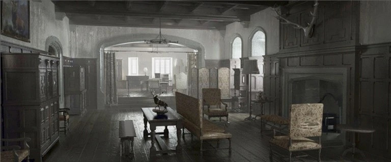 Interior of Skyfall Lodge showing the dark wood panelling and subdued lighting that defined “heritage maximalism”. The set was destroyed using the equivalent of 140 sticks of dynamite