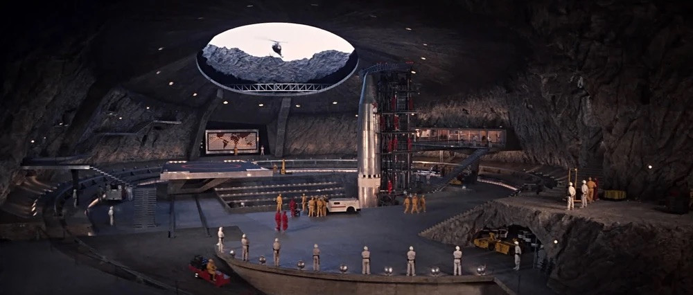 Adam’s volcano lair interior for You Only Live Twice (1967) measured 148 feet tall and cost $1 million. The set included a working monorail, an operative heliport, and required 700 tons of structural steel