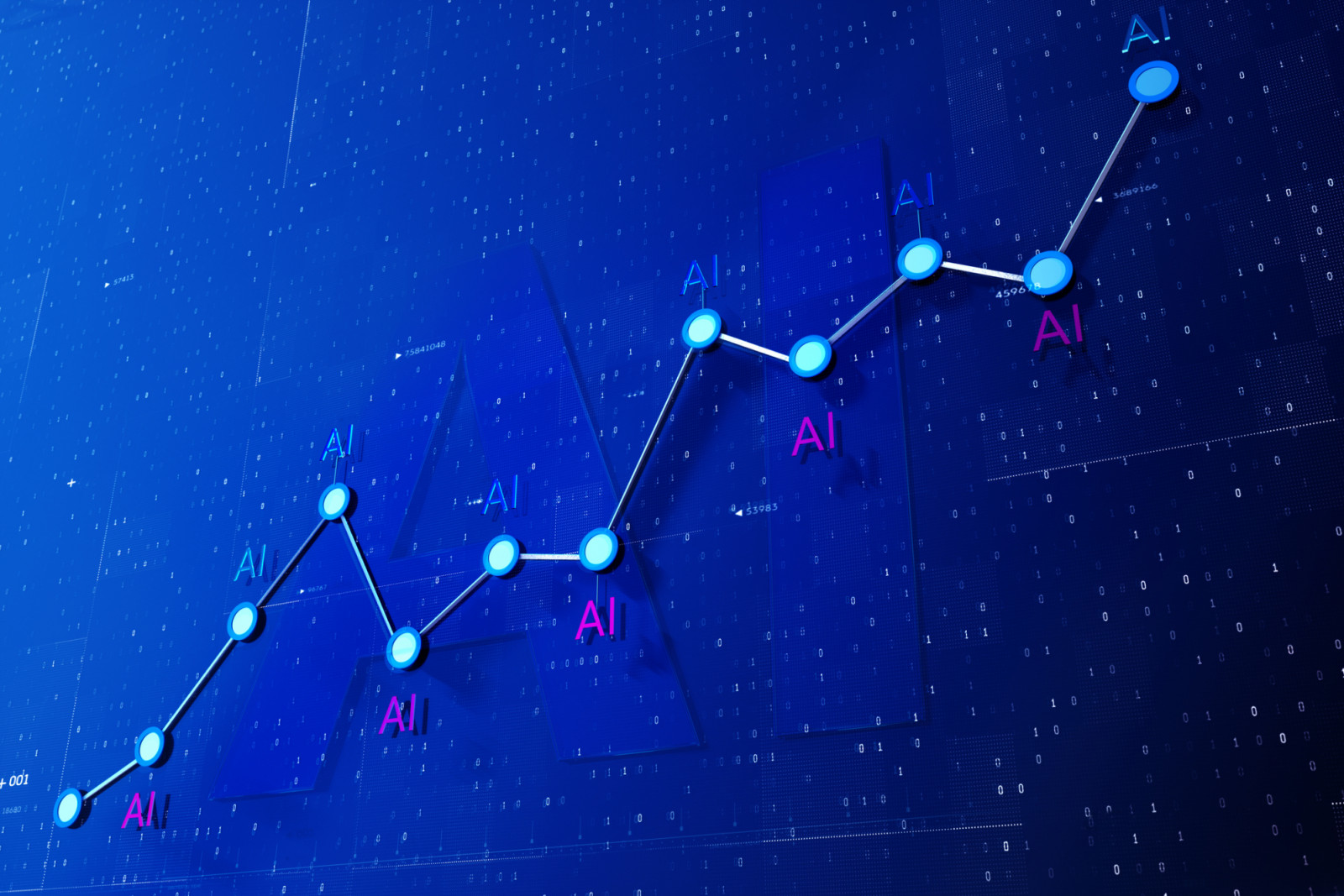 Digital generated image of abstract growing diagram with Ai signs on blue background. (ภาพ: Andriy Onufriyenko / Getty Images)