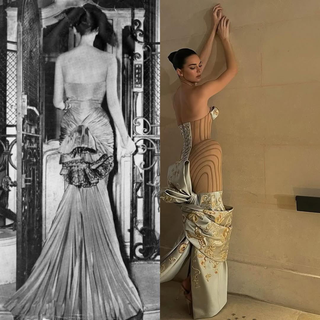 An Elsa Schiaparelli gown from the 1940s and a Schiaparelli by Daniel Roseberry spring/summer haute couture 2025 gown worn by Kendall Jenner  (Photo: schiaparelli.archive/Instagram)