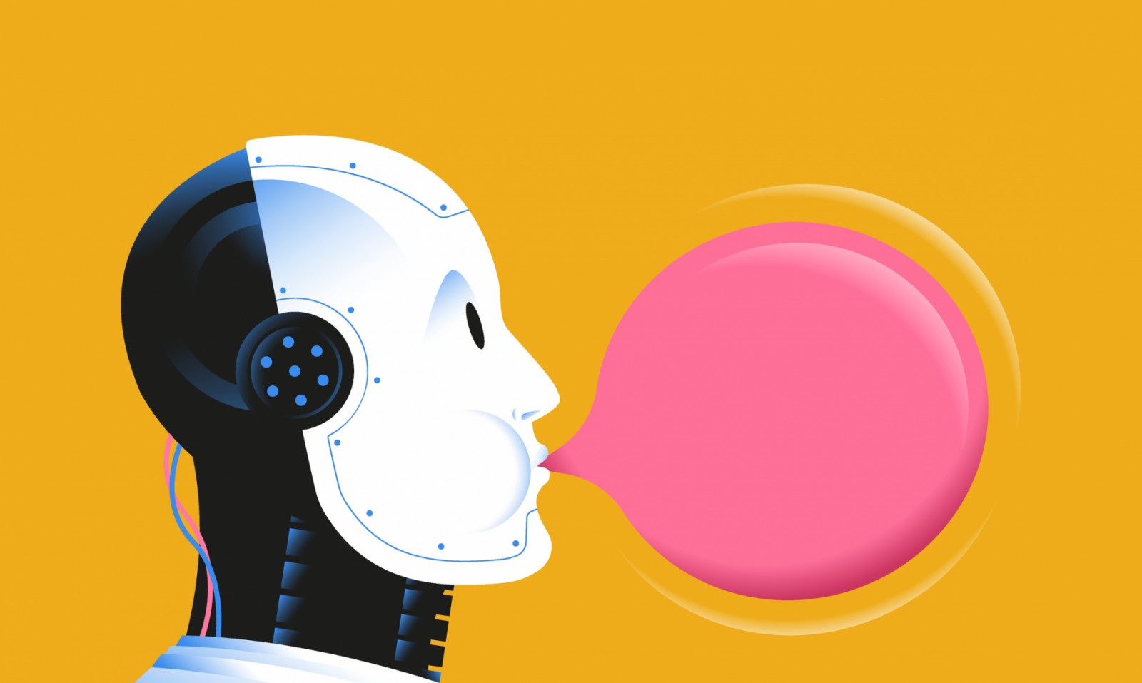 Robot blowing a bubble with bubble gum. AI bubble concept, artificial intelligence collapse concept. Vector illustration.
