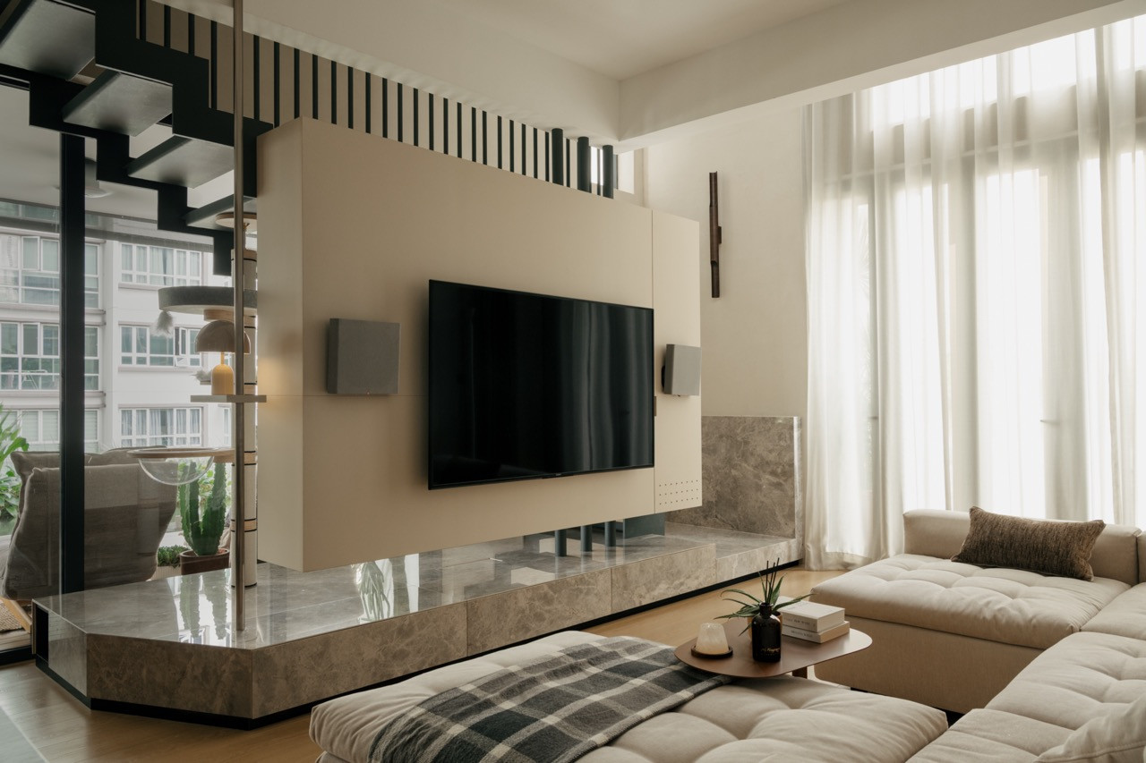 TV wall system with marble console platform incorporating a hidden cat tunnel beneath