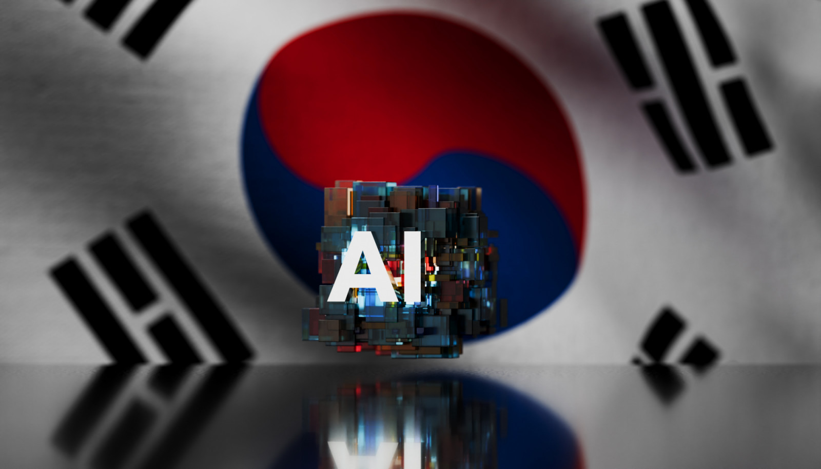 A futuristic image featuring an abstract AI symbol hovering in front of the South Korean flag with a shallow depth of field, symbolizing South Korea’s leadership in artificial intelligence, digital transformation, and technological advancement.(Photo: J Studios / Getty Images)