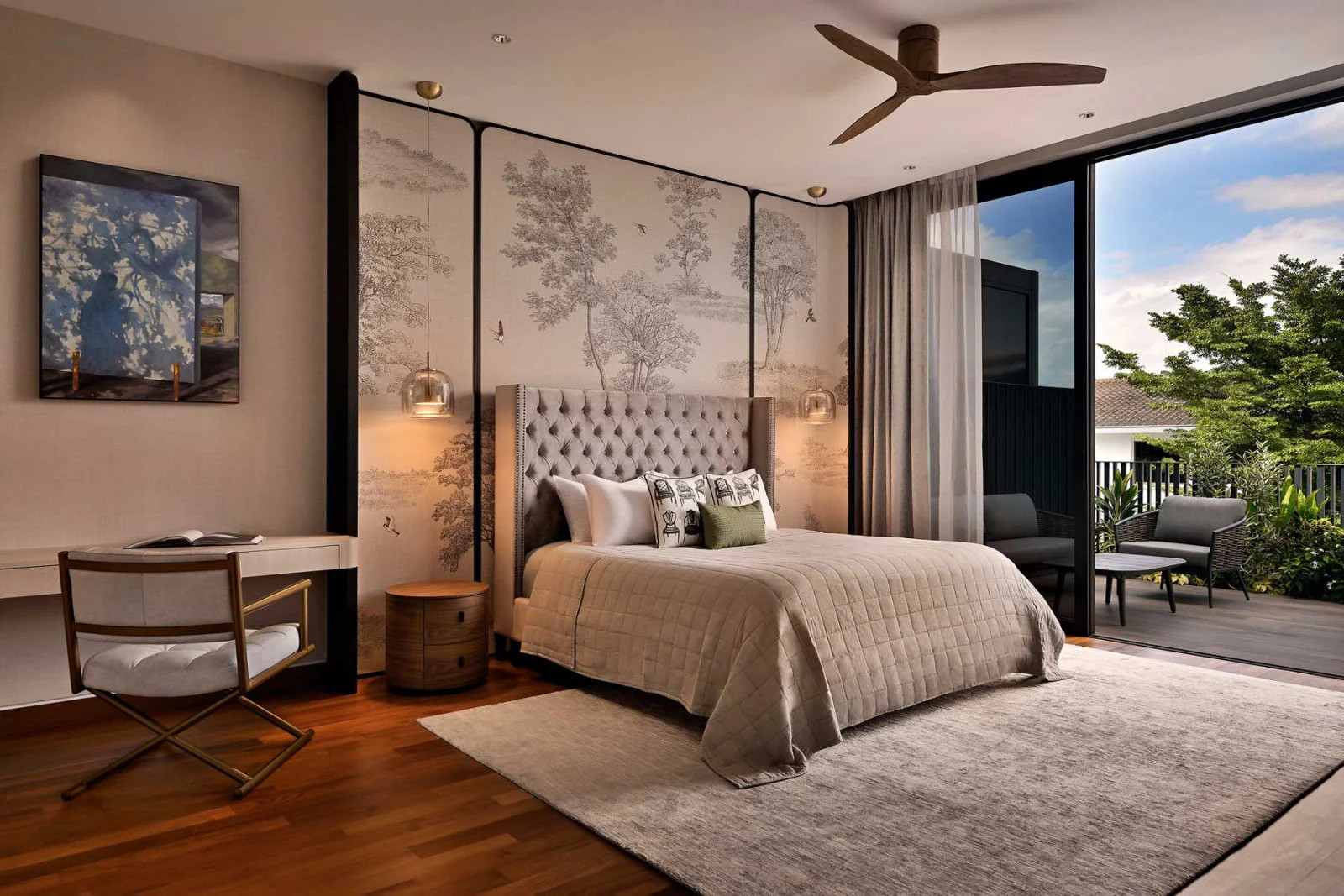 The master bedroom is replete with rich materials and subtle textures and patterns