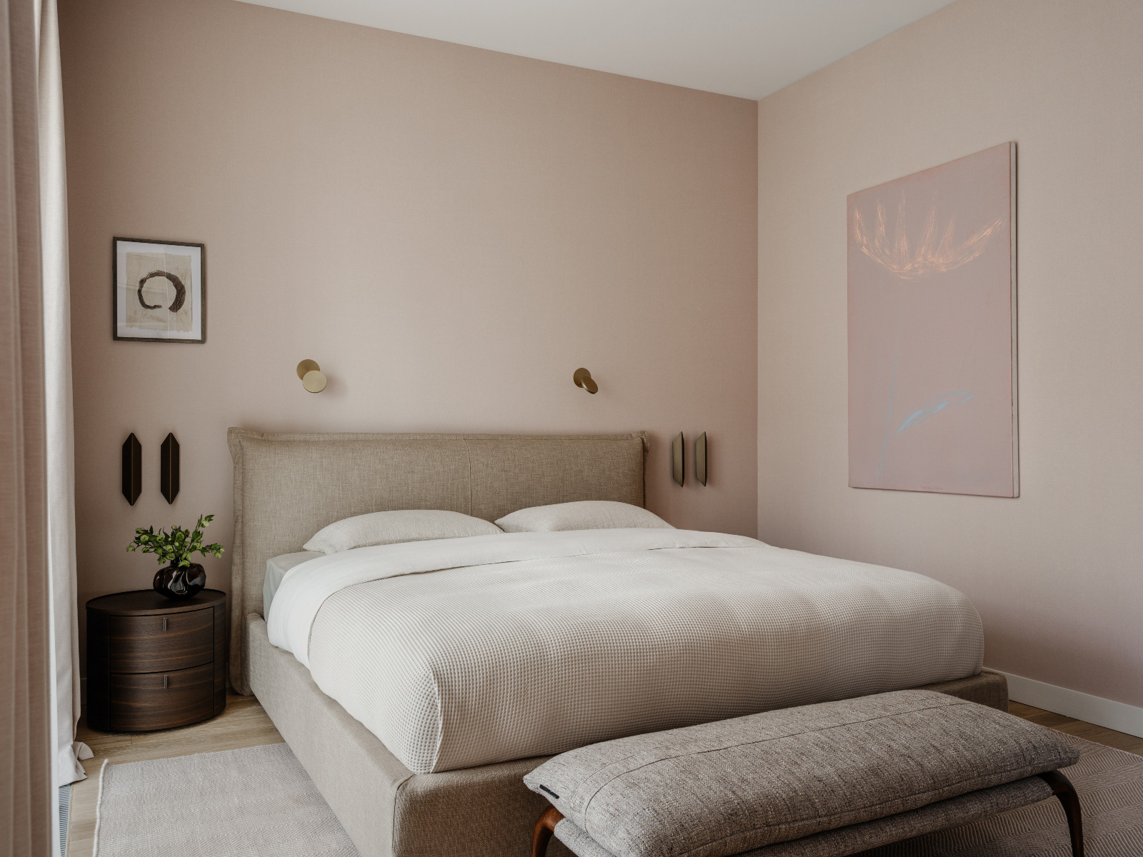 The primary bedroom in a Korean-inspired home in Moscow, Russia by Inga Kordya