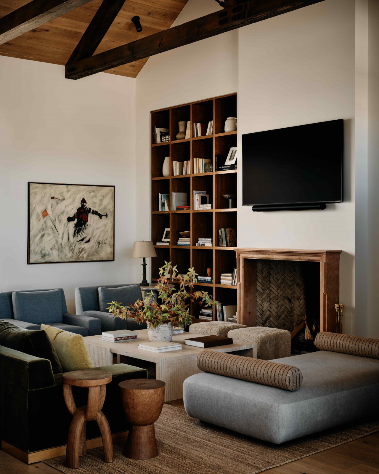 The custom solid-stone coffee table took eight movers to get into position
