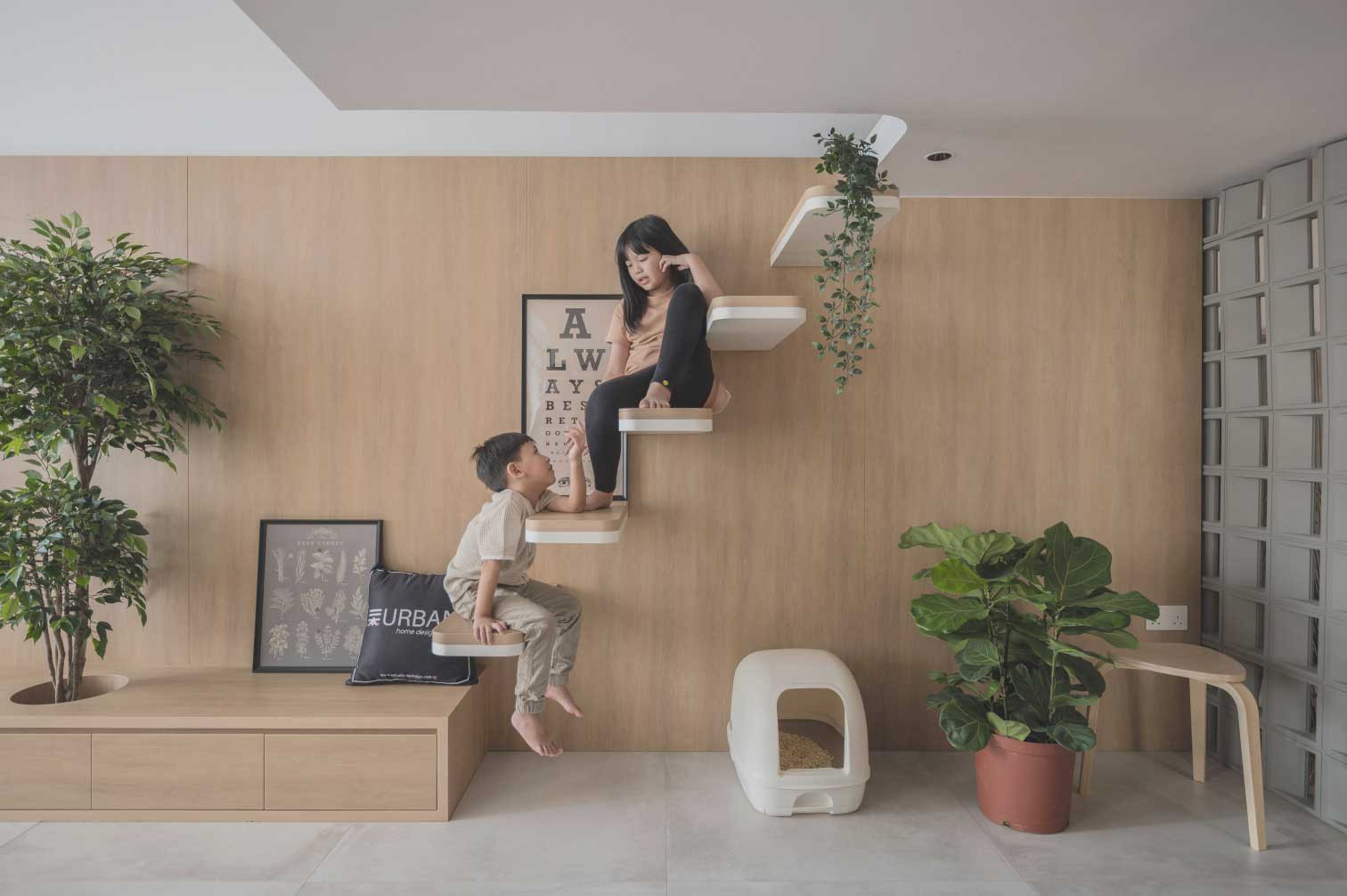 This floating staircase leads to the cosy loft area