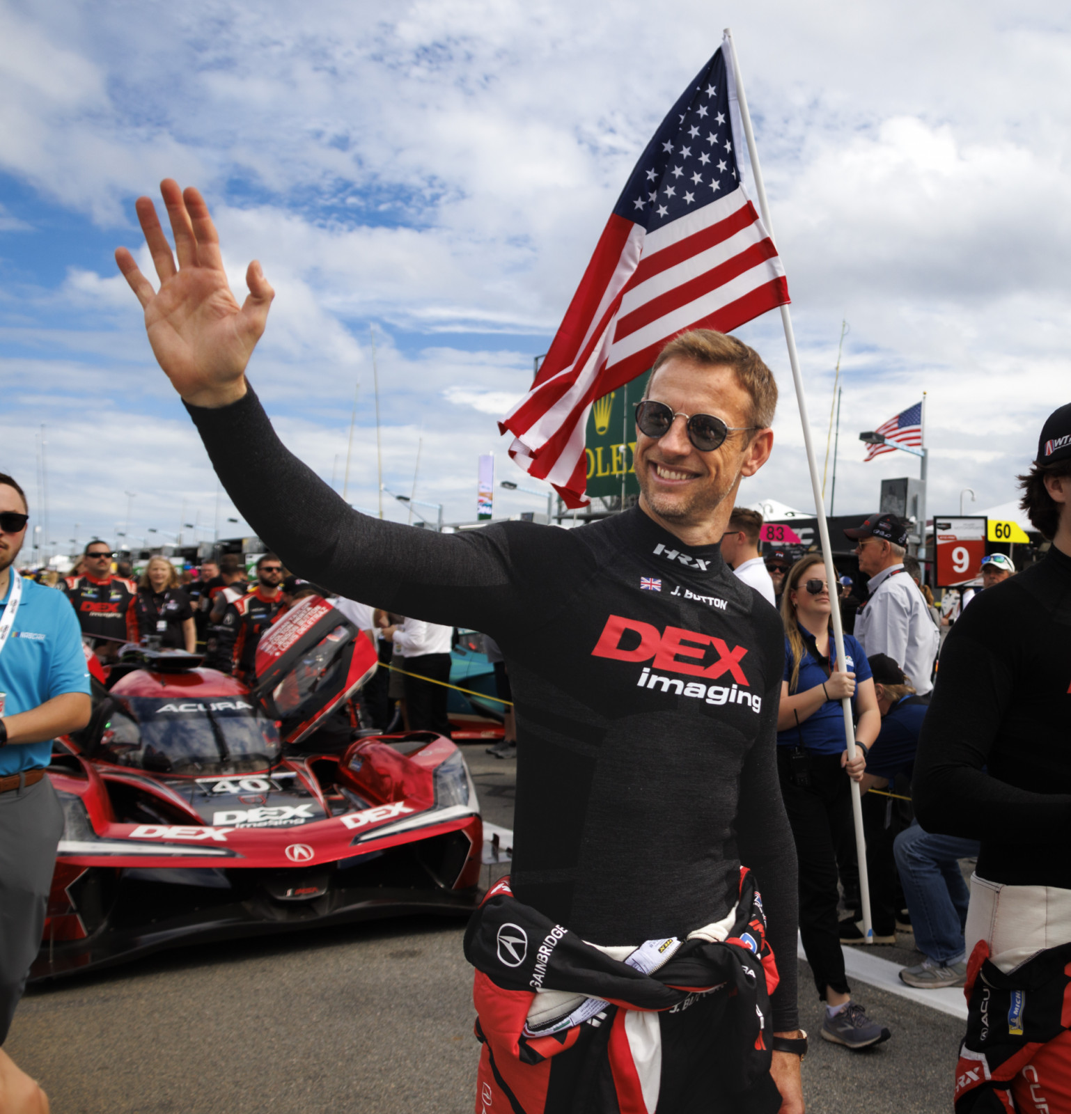 Rolex Testimonee Jenson Button during the pre-race Driver’s Procession
#40 Wayne Taylor Racing with Andretti, Acura ARX-06, GTP; Jordan Taylor (USA), Louis Deletraz (CHE), Colton Herta (USA), Jenson Button (GBR)
