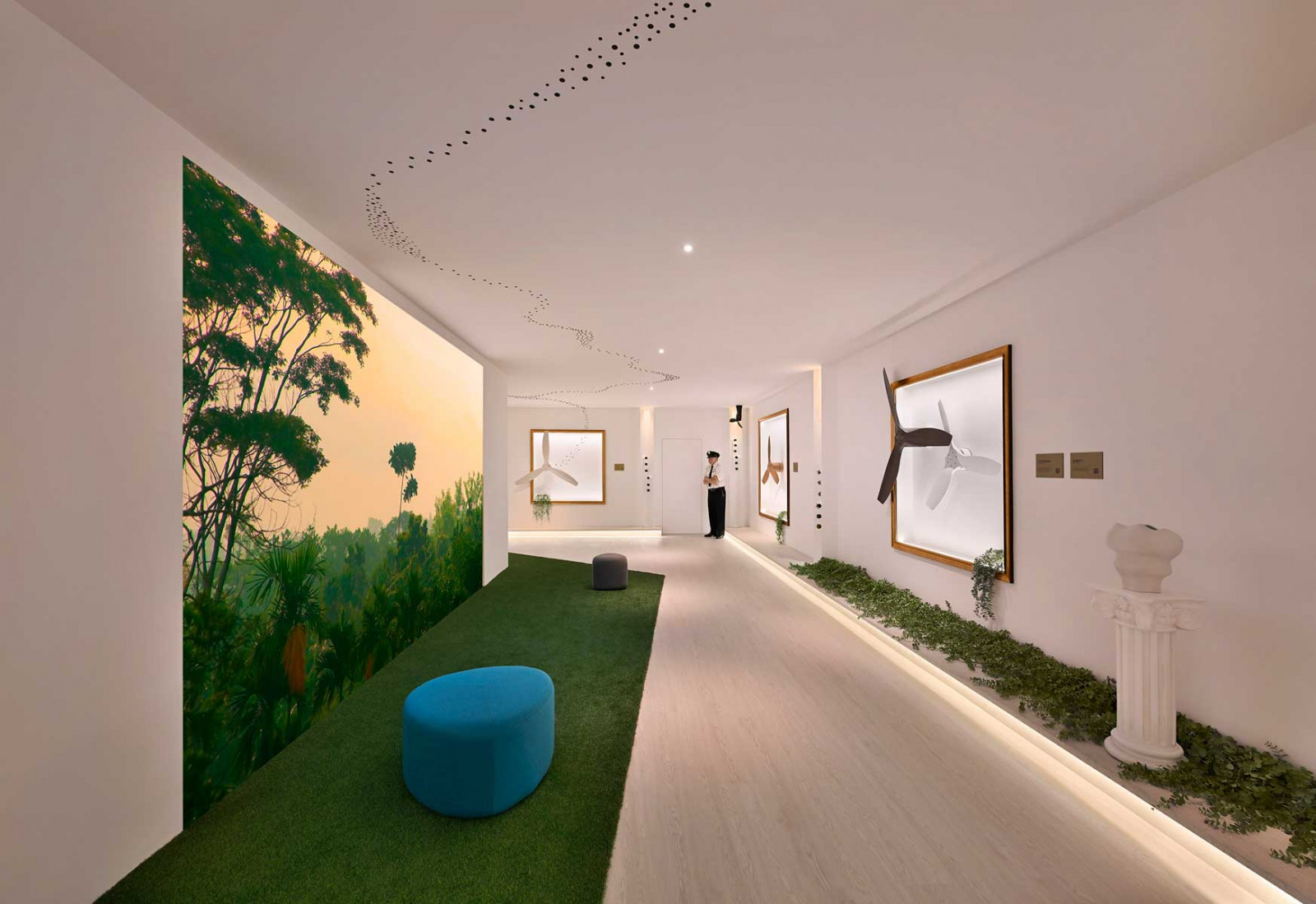 An LED screen in the central zone showcases immersive storytelling