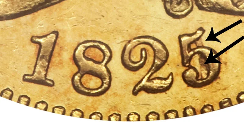 1825 Capped Bust Gold $5 Half Eagle (Overdate Error) (ภาพ: usacoinbook.com)